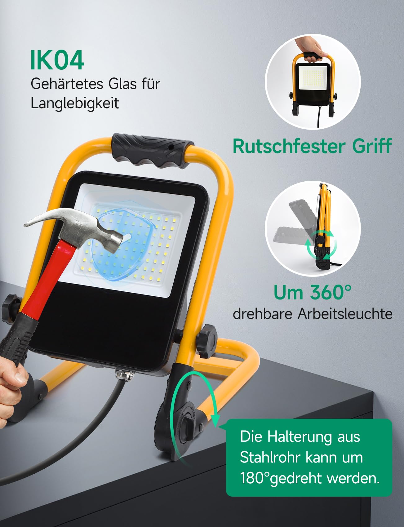Aigostar Faro da Cantiere 50W, IP65 Impermeabile, Faretto Led da Cantiere con Spina, 6500K Bianco Brillante per Esterno, Lavori, Giardini e Garage, Rotazione 360°, portatile 2 pcs