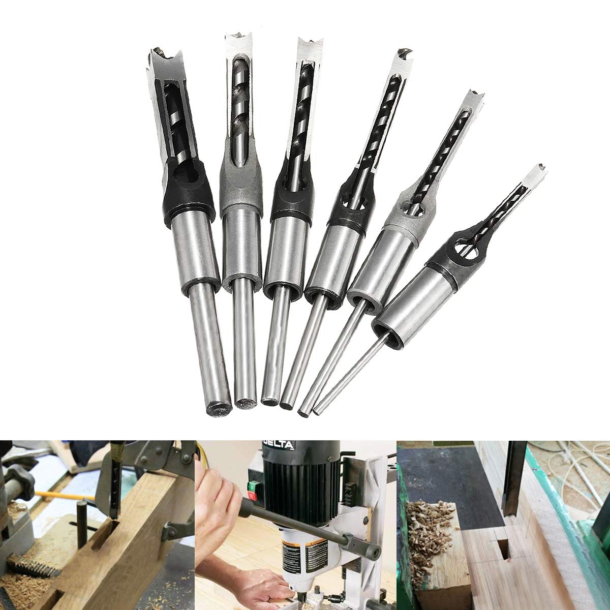 6Pcs 6-16Mm Set Di Punte Per Trapano A Foro Quadrato Per Falegnameria Trapano A Mortasa A Coclea Per Scalpello 6/8 / 9.5/12.7/14 / 16Mm