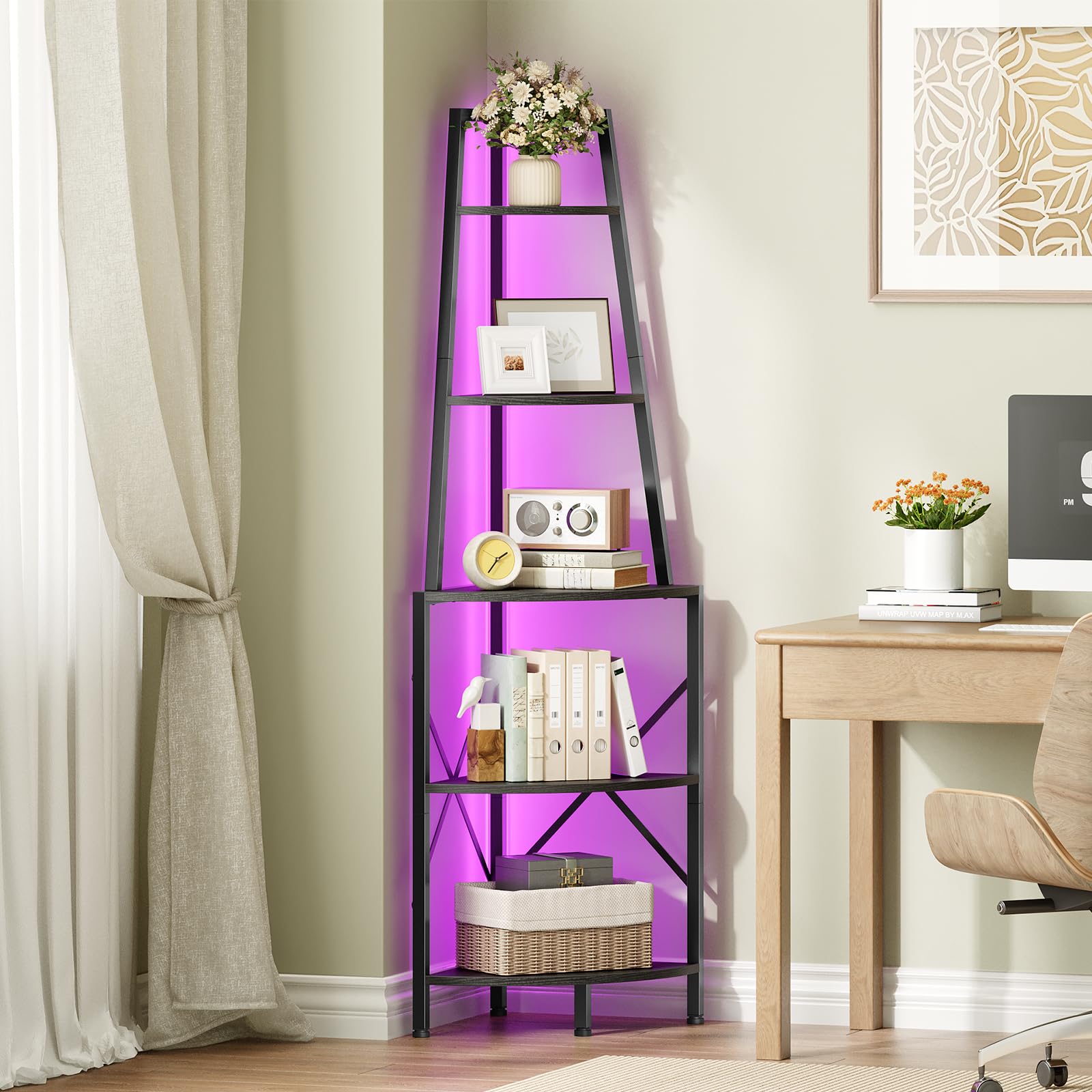 HOOBRO Eckregal 5 Ebenen mit LED-Beleuchtung, Bücherregal, Standregal, Pflanzenregal, Lagerregal für Wohnzimmer, Schlafzimmer, Küche und Arbeitszimmer, 42 x 42 x 172,5 cm, Schwarz EBB120DCJ01