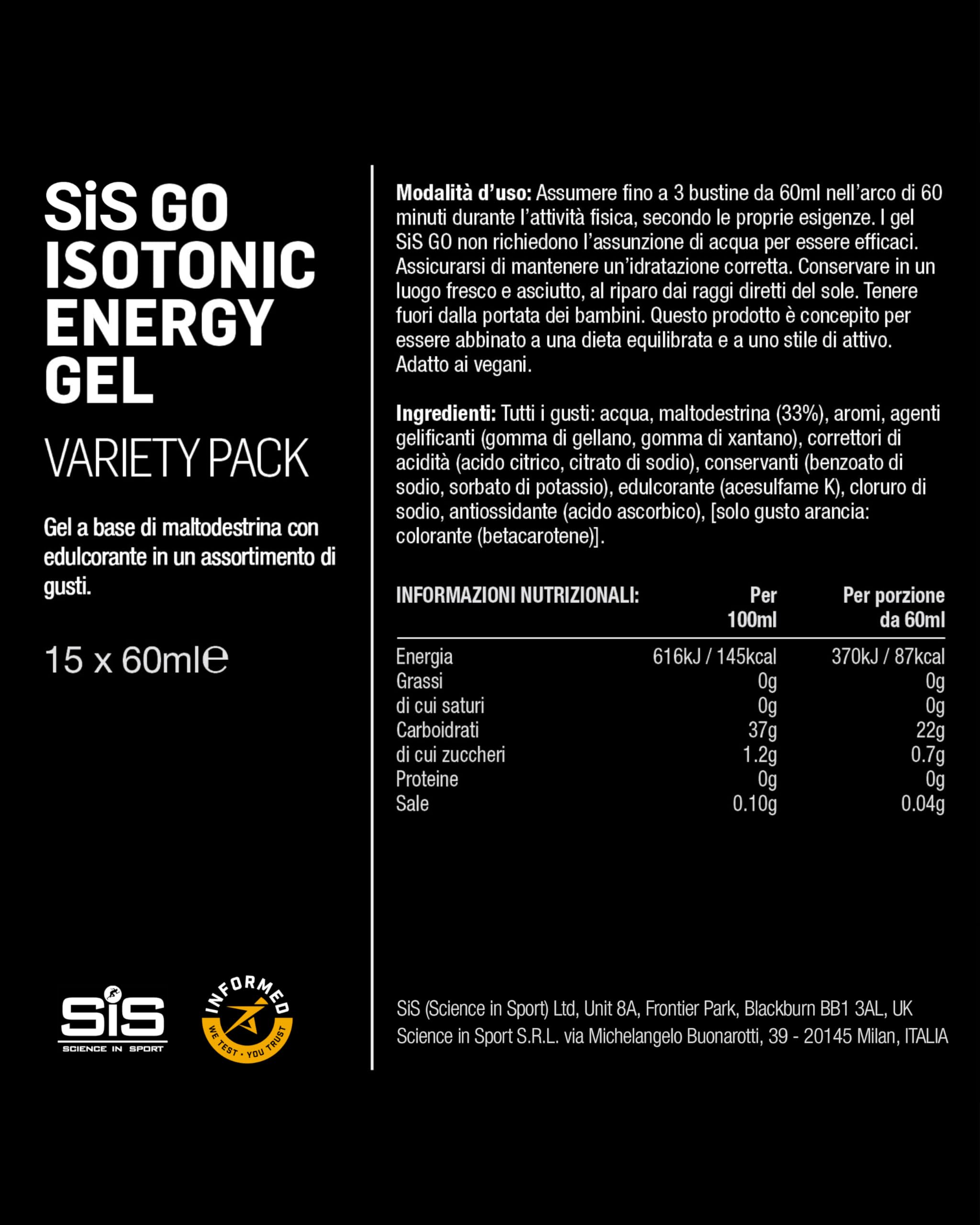 Science in Sport GO Energy Gel15 x 60ml Vegano -Gel energetico isotonic con 22g di carboidrati, Ottimo fornitore di energia, Alternativa ottimale alle bevande isotoniche