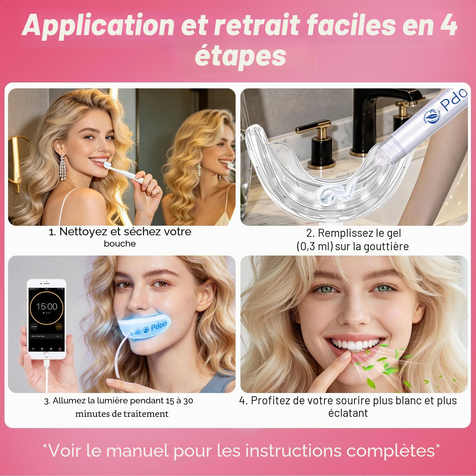 Kit de blanchiment des dents avec plateau lumineux LED pour dents sensibles, gel de blanchiment des dents à la maison, sans douleur et sans danger pour l'émail, jusqu'à 1 à 9 nuances plus blanches en