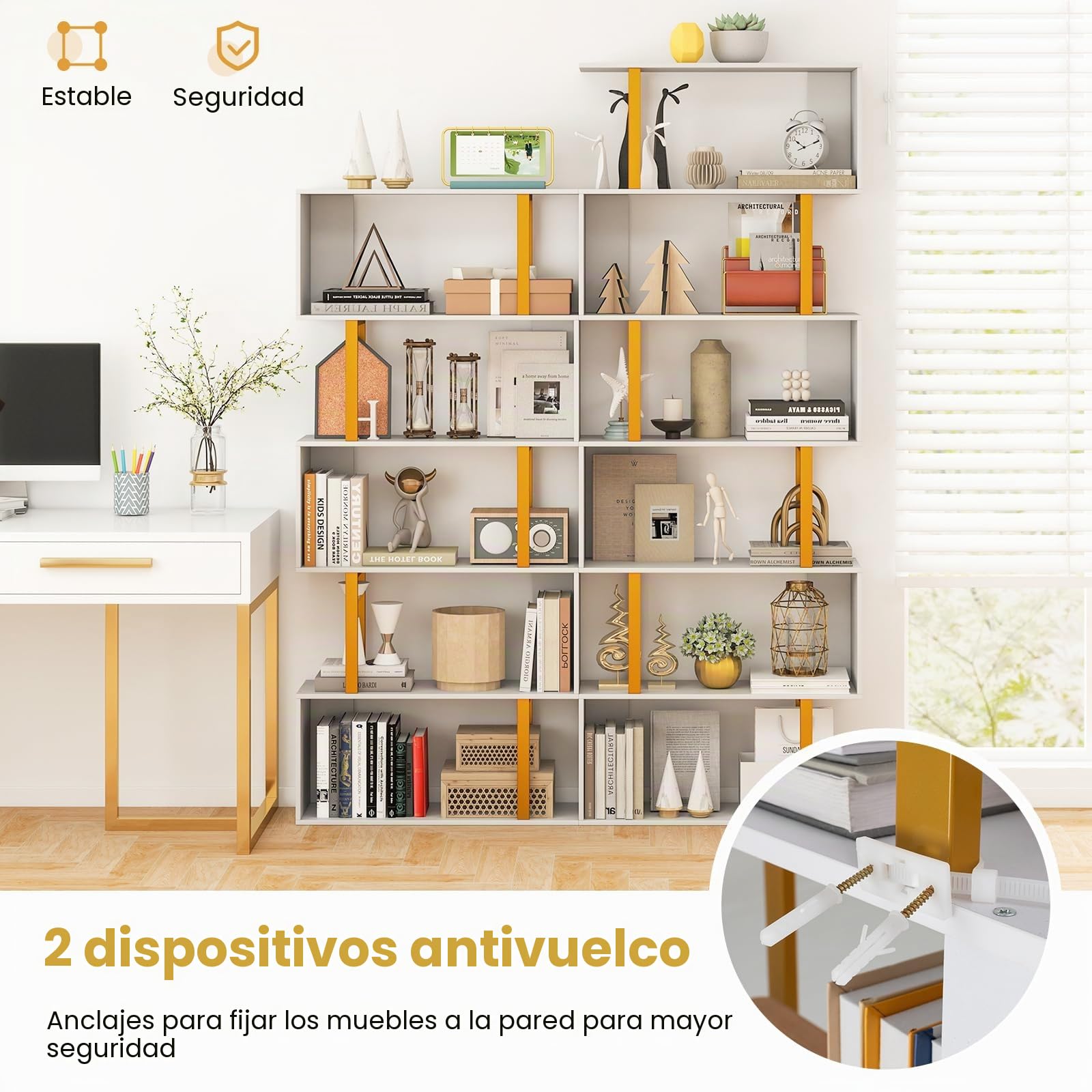 HOMASIS Estantería de Pared en Forma de S, estantería separadora de Habitaciones de Madera con Marco de Metal Dorado, estantería Blanca para salón, Estudio, Dormitorio (70 x 24 x 157 cm)