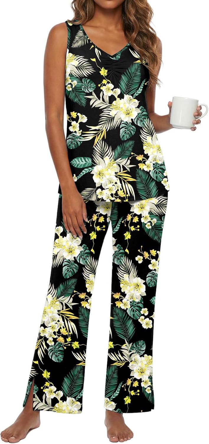 PrinStory Womens Pajama Sets Soft Knit Pjs 2 Piece Sleeveless Pajama Set Summer Lightweight Pj with Pockets - Image 2