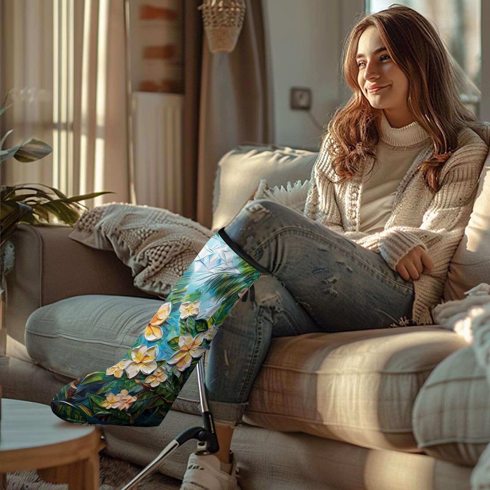 Rnyleeg Womens Cast Cover for Foot Oil Painting Flower Leg Cast Cover Sock Below The Knee Leg Cast Protector for Showering Keep The Cast Clean