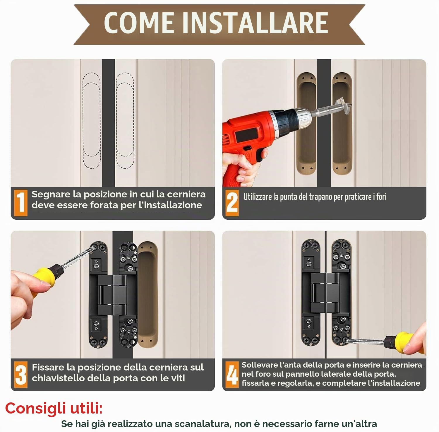 Cerniera a Scomparsa 17,7cm - Nascosta per Porte in Legno, Angolo d'apertura 180°, 3 Vie Regolabile, Nero, 2 Pezzi