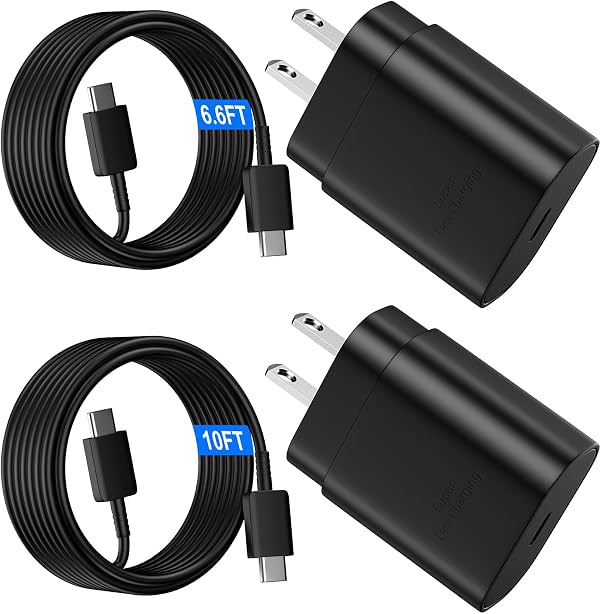 Cargador Rápido USB C para Android Tipo C, Cargador Súper Rápido Samsung 25W | con Cable Cargador USBC a USB C de 10FT+6.6FT para Samsung Galaxy S26 S25 S24 Ultra Plus/S23/S22/S21/S20/Note 20/10, Negro
