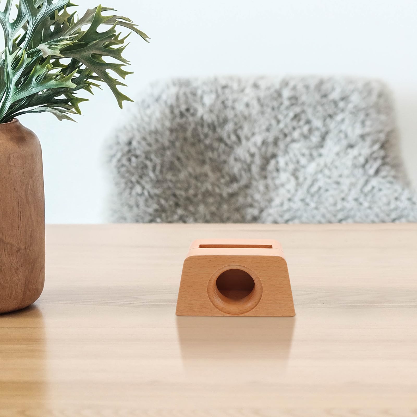 Supporto Cellulare Design Trapezoidale in Legno Amplificatore Acustico Naturale Beige, per Videochiamate e Decorazione da Scrivania