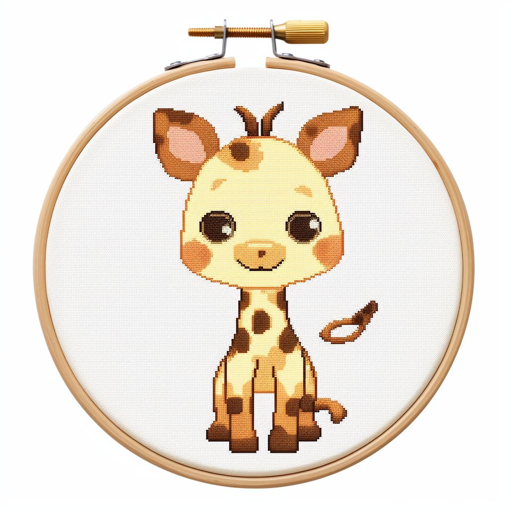 Cartoon Simple Animal Giraffe DIY Stamped Cross Stitch Kits for Beginners Easy with Hoop 11CT Needlepoint Embroidery Counted Cross Stitch Kits Craft Art Wall Decor 12x12inch(2)