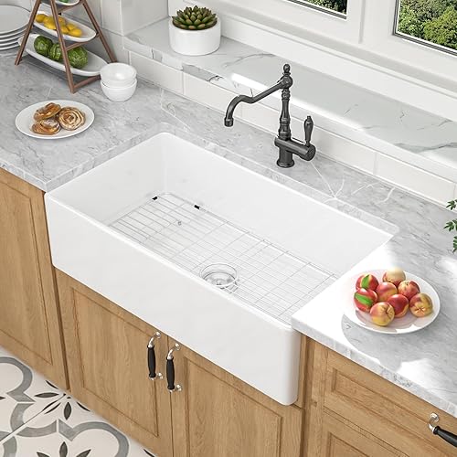 Mocoloo 36 Ceramic Kitchen Sink - 36 x 20 Inch White Farmhouse Sink Fireclay Reversible Fluted Apron Front Porcelain Single Bowl 10" Deep Undermount Farm Kitchen Sinks