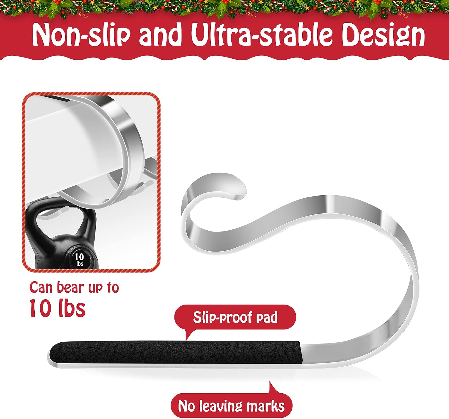 Loncaster Christmas Stocking Holders for Mantle Set of 6, Non-Slip Adjustable Stocking Holders, Stocking Hanger for Christmas Party Decorations(Silver)