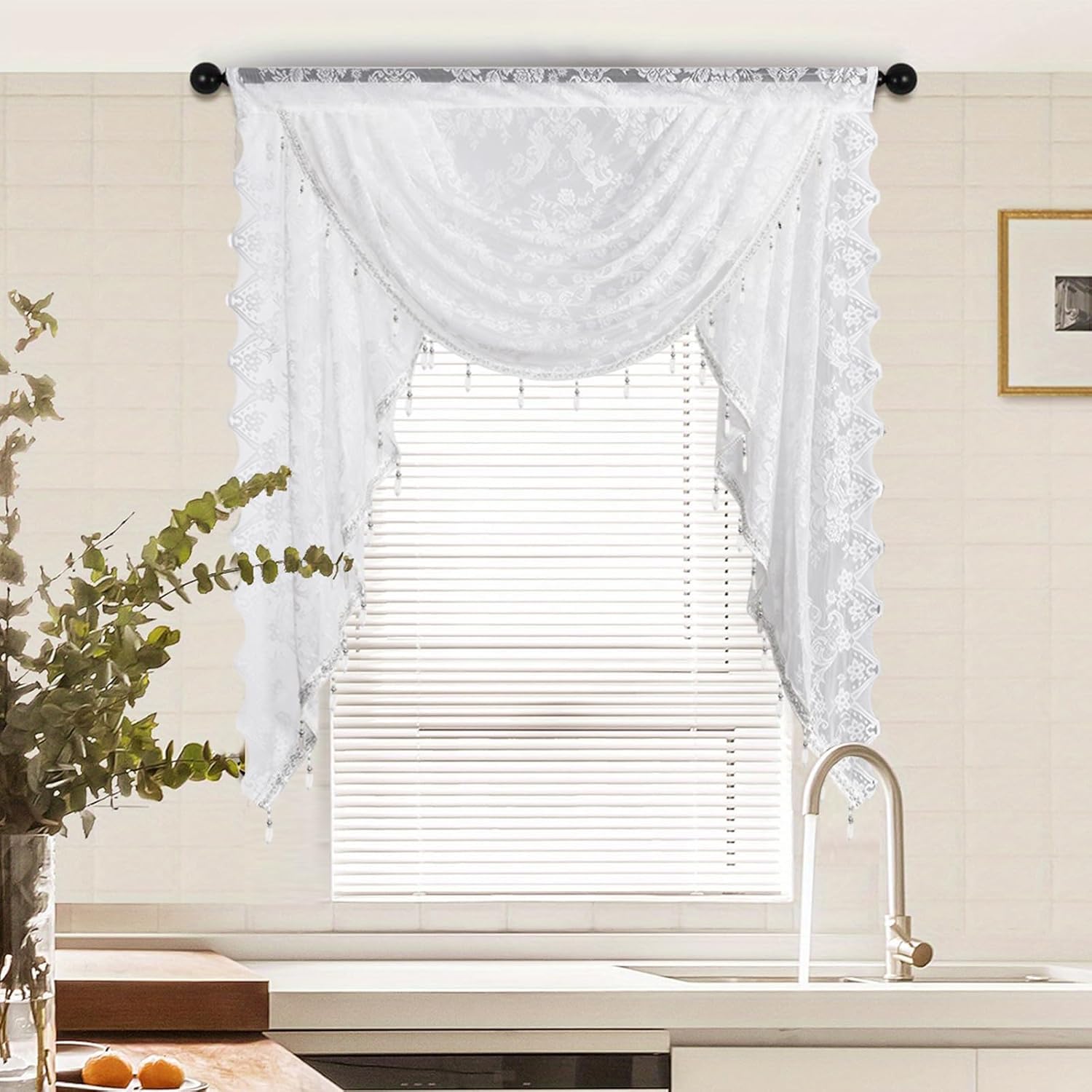 Maritown White Lace Swag Valance For Windows,1 Panel Kitchen Cafe Net Curtains Floral Semi Sheer Small Short Curtains With Tassel Rod Pocket Voile Curtains For Bedroom Living Room (, 105W X 100H Cm)