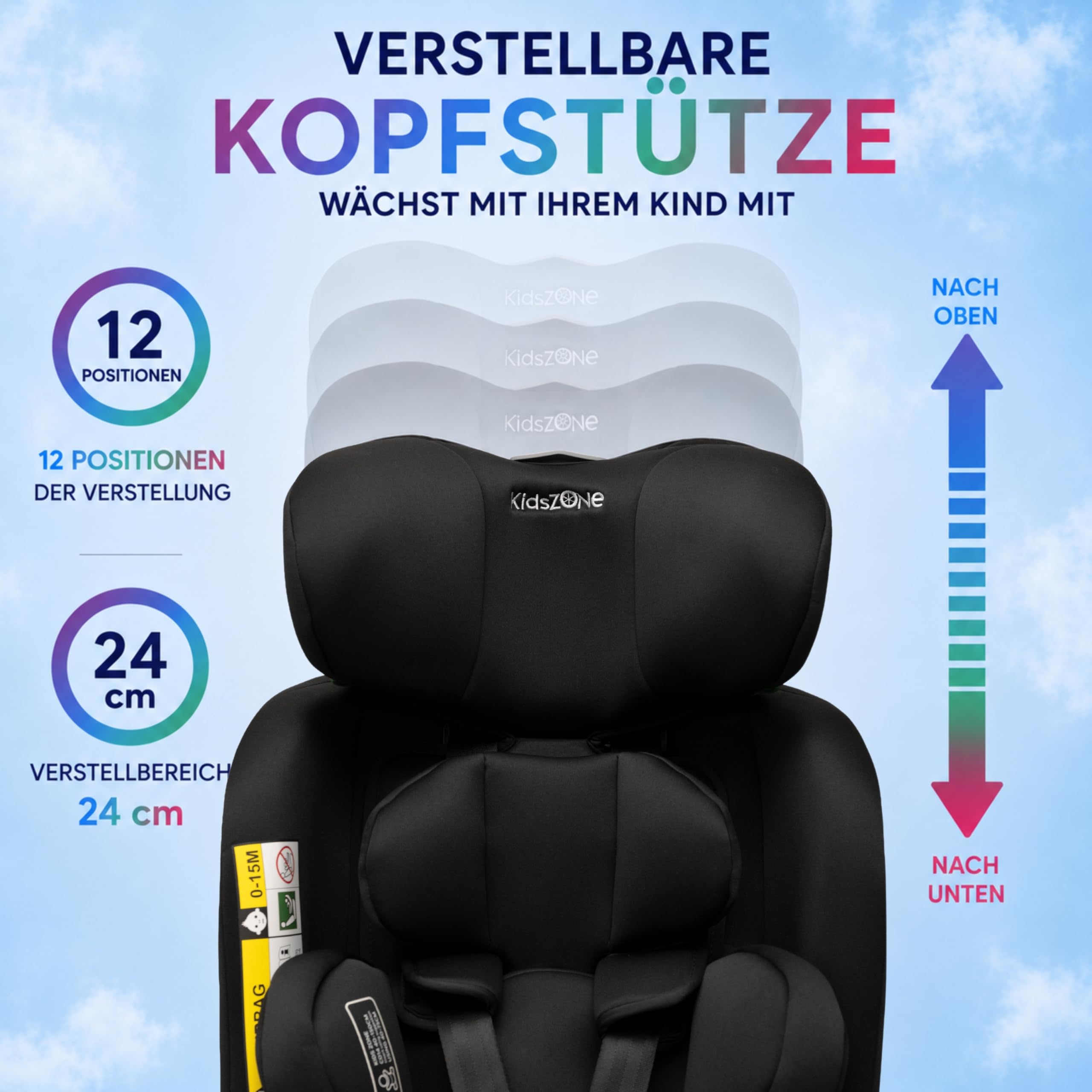 KidsZone Auto Kindersitz Isofix 0-36 kg (0-12 Jahre), 40-150 cm I-Size – Baby Autositz 360 drehbar, 4 Liegepositionen in beide Fahrtrichtungen, 12-stufige Kopfstütze