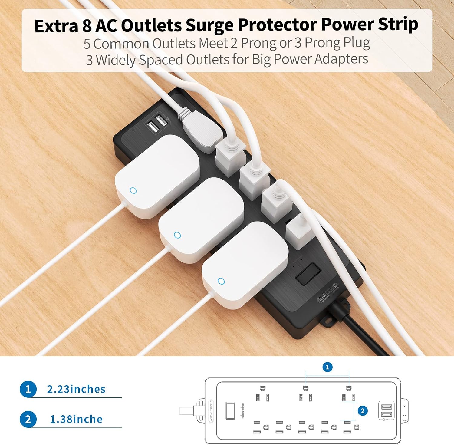 10 FT Long Extension Cord, NTONPOWER Power Strip Surge Protector with 8 Outlet(3 Widely Spaced) and 2 USB Ports, 1875W/15A, Wall Mount, Desktop Charging Station for Home, Office and Dorm Essential