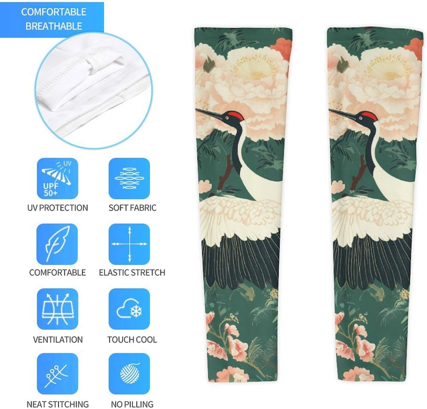 Traditional Crane Peony Flowers Arm Sleeves Cooling Sun Protection Sports Compression for Golf Basketball