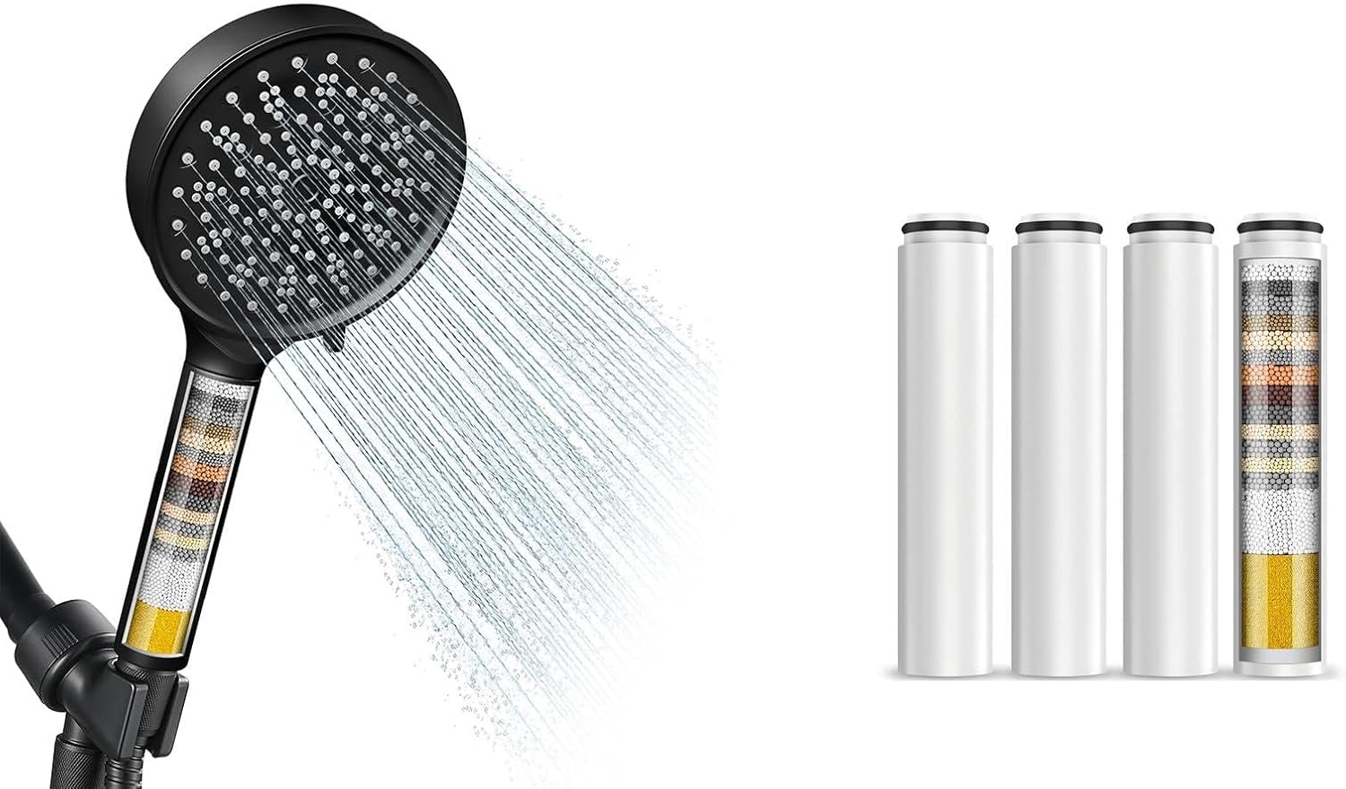 Cobbe High Pressure 6 Spray Mode Showerhead with Filters + 4 Pack Replacement Filters（Black）
