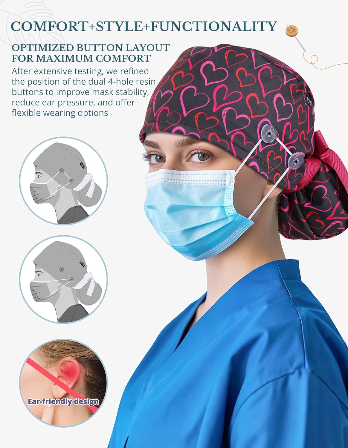 Scrub Caps Women Ponytail, Surgical Hat with Buttons and Sweatband