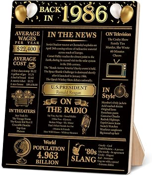 40th Birthday Party Decorations for Women Men, Black and Gold Back in 1986 Poster Wooden Sign, 40th Anniversary Birthday Table Decorations Party Favors