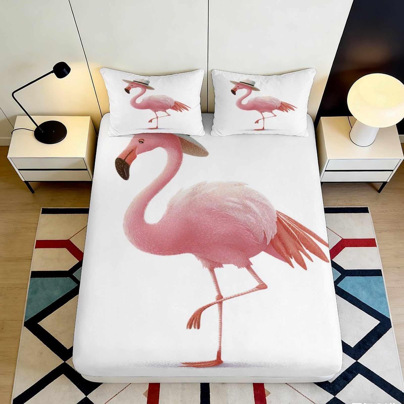 3D Printed Pink Flamingo Fitted Sheet Microfiber Soft Breathable Tropical Bird Bed Cover for Bedroom Dorm Decor 90x200x25cm