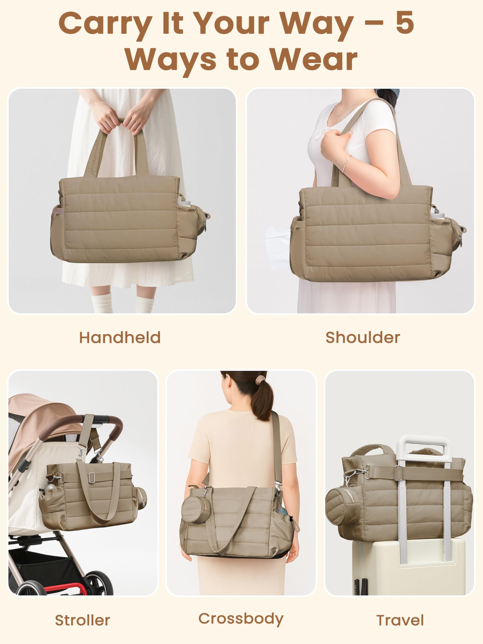 Grande borsa per pannolini da donna, borsa a tracolla per la mamma, con borsa per pannolini rimovibile impermeabile, organizer da viaggio per ospedale