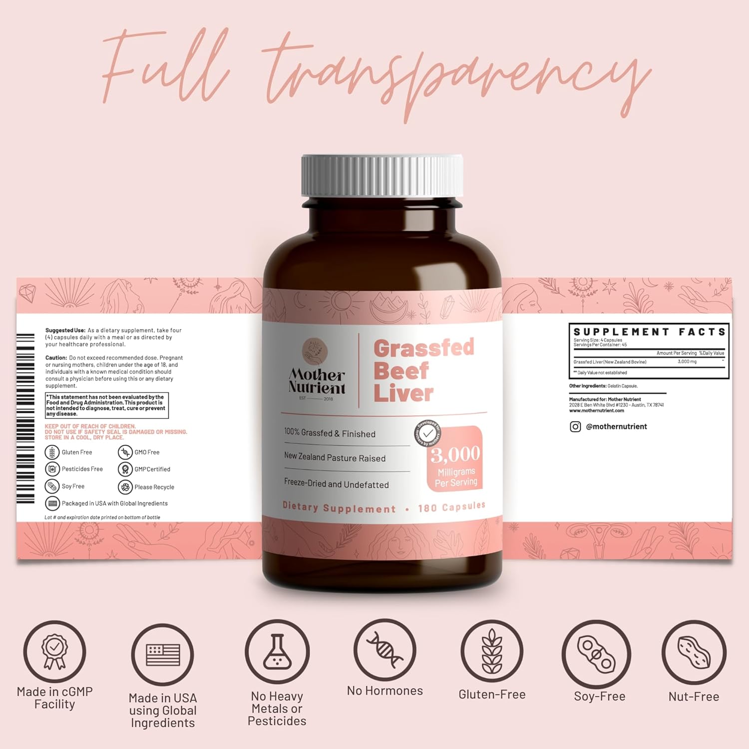 Mother Nutrient Grass Fed Beef Liver Capsules Sourced from Pasture-Raised Beef - Vitamins A and B12 w/Iron, Protein, and More - 45-Day Supply-180 Capsules (New Zealand Beef)