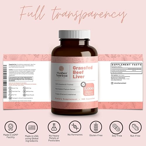 Miniatura 6 de Cápsulas de hígado de carne de res 100% alimentadas con pasto por Mother Nutrient, procedentes de carne criada en pastos en Nueva Zelanda, vitaminas