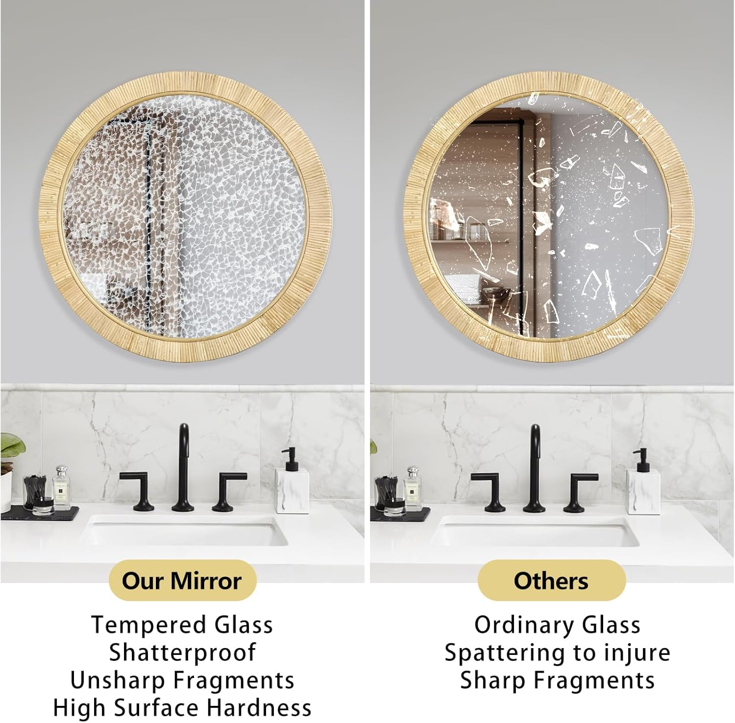 inoseen Decorative Rattan Wall Mirror, Boho Bathroom Modern Makeup Mirror, Rustic Wall Bohemia Mirrors for Bedroom, Living Room, Vanity Versatile Farmhouse, Nursery, Bathroom, 24"x24", Round Product Image 4