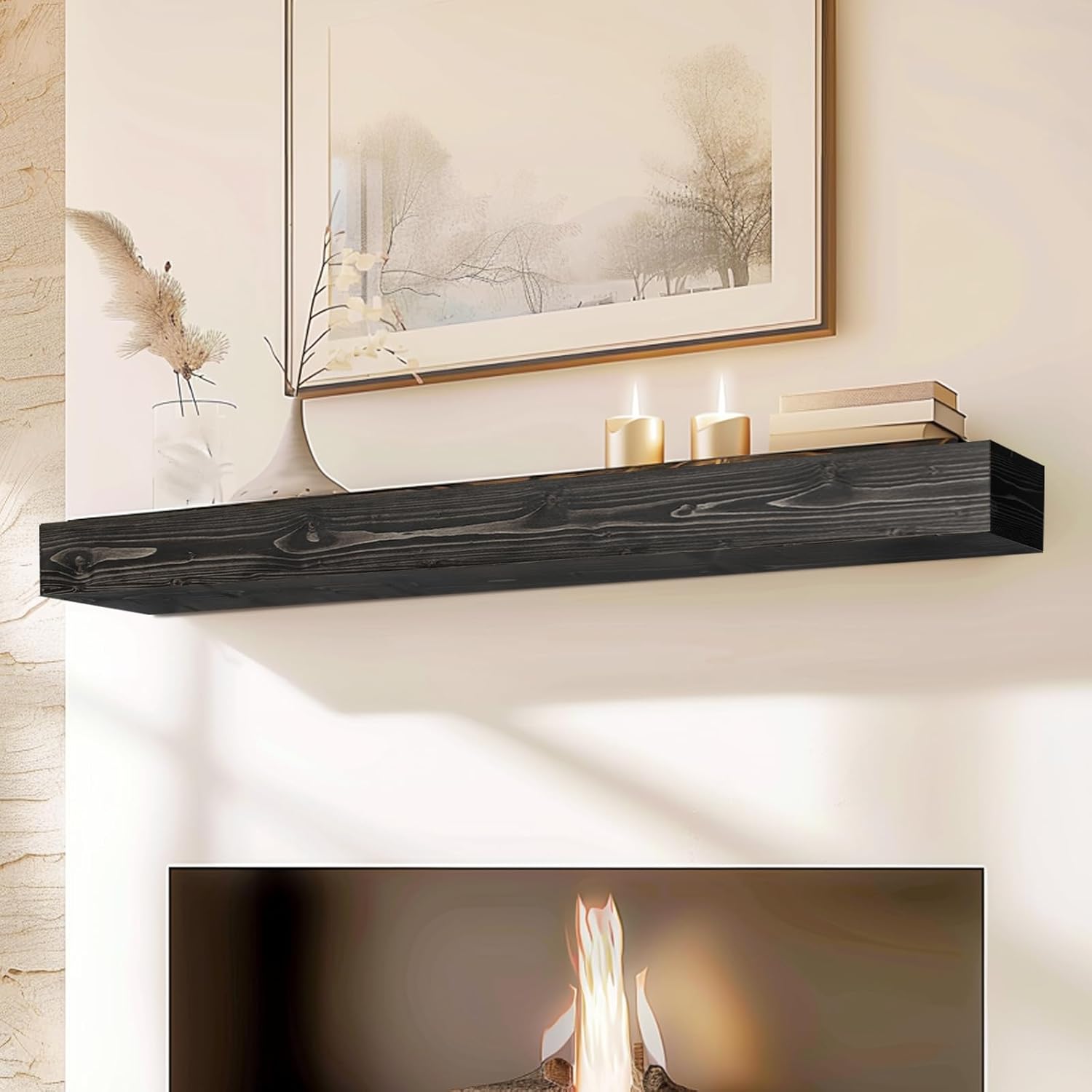 60x8x5 Fireplace Mantel - Handcrafted Hollow Rustic Solid Wood Wall Mounted Floating Shelf with Invisible Heavy Duty Wood Bracket (Weathered Black) Weathered Black 60x5x8-hollow
