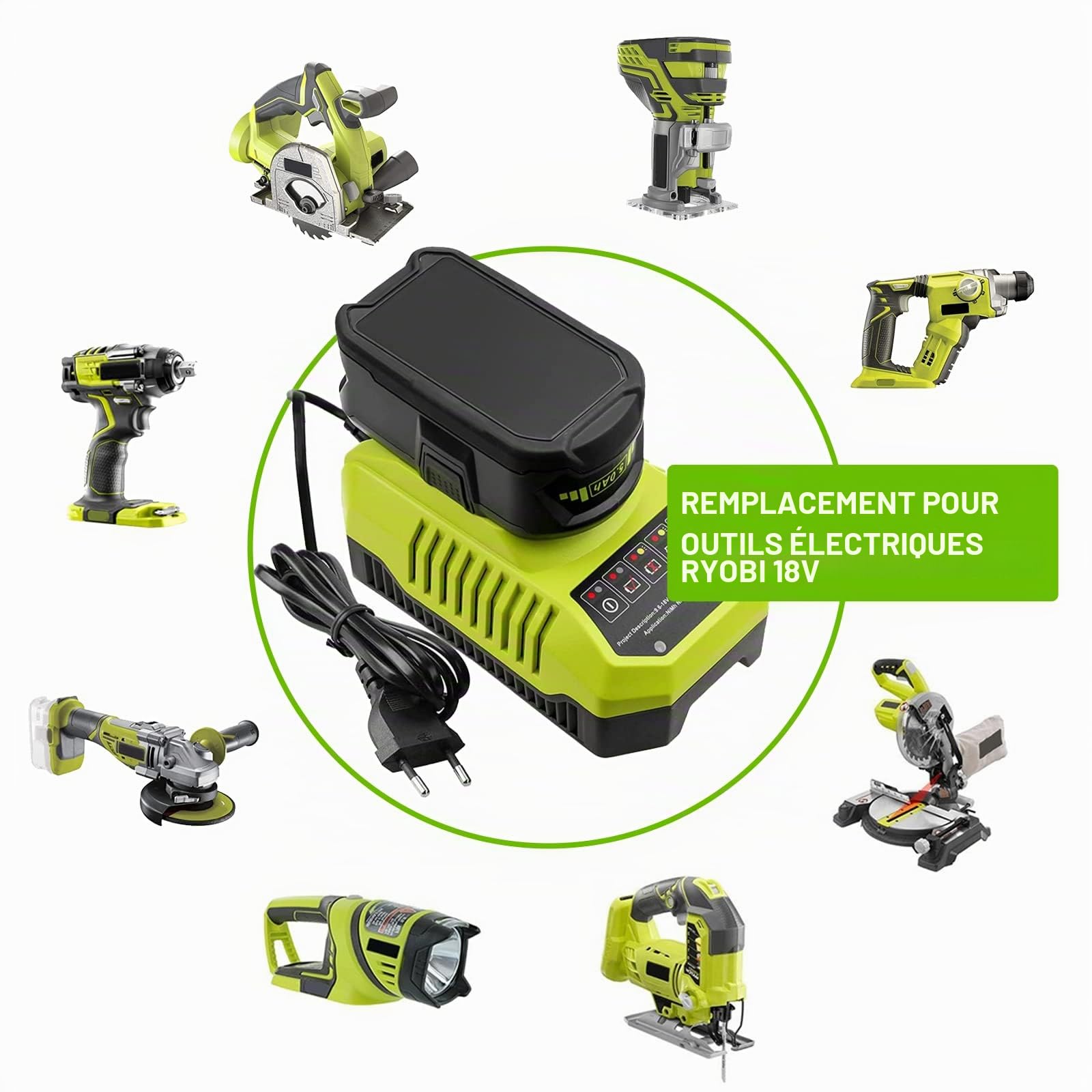 2X Batteries de Rechange pour Ryobi 18 V 5,5 Ah P108 18V + 9,6 V-18 V 3 A pour Ryobi BCL14181H Lithium-ION & NI-MH pour P106 P107 P105 P108 P100 P102 P103 avec LED (Noir et Vert)