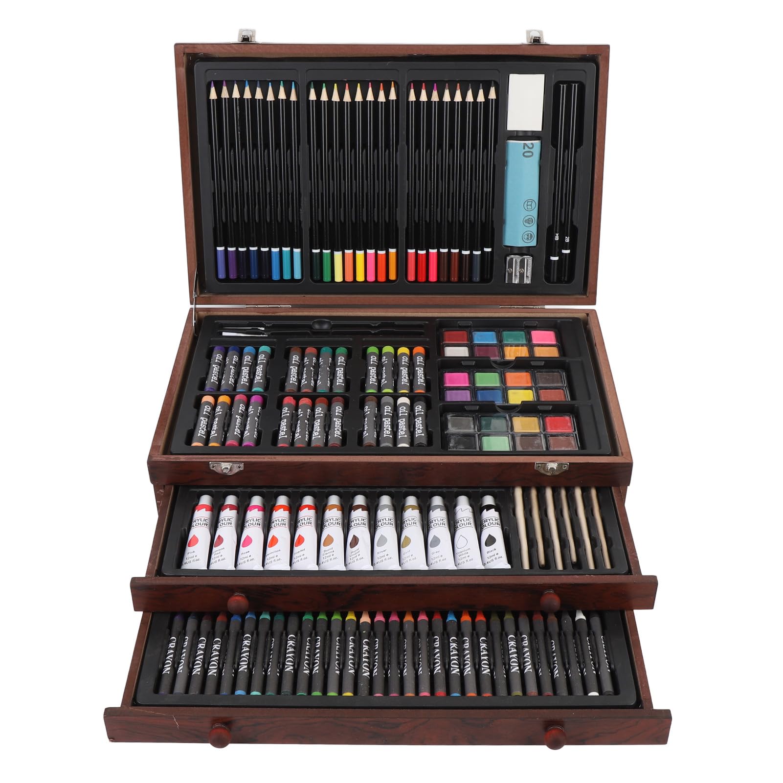 Juego de Arte de Madera de 142 Piezas con Lápices de Colores, Pasteles Al óleo y Acuarelas para Artistas y Principiantes, Almacenamiento de Madera de Abedul