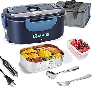 Electric Lunch Box for Adults, 80W Fast Heating 1.5L, Detachable Stainless Steel Food Warmer & Lunch Heater, 12V/24V/110V for Cars/Trucks/Work/Travel, Lonchera Eléctrica Portátil (Blue)
