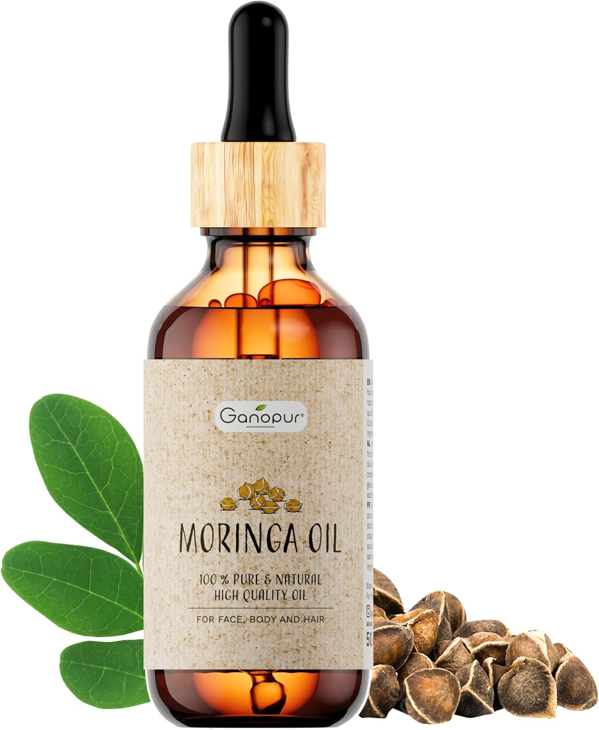 100% Natural Organic Moringa Oil – Face, Body & Hair – Moisturizing, Repairing & Anti-Aging – Pure Seeds – Vitamins A, C & E – 50ml | GANOPUR