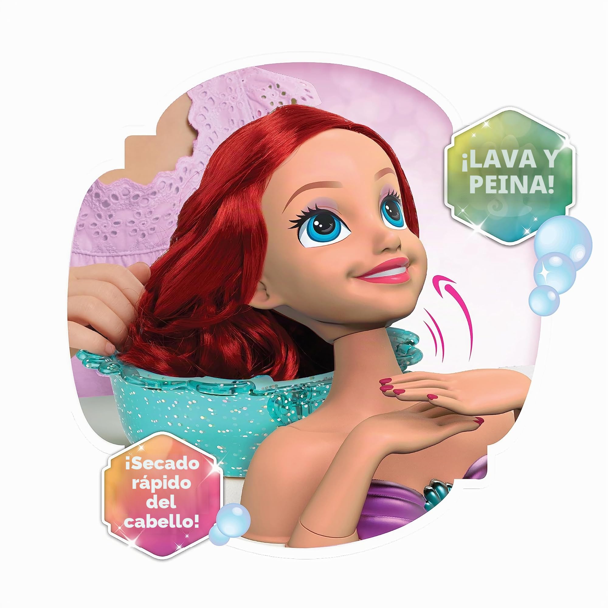 Just Play Cabeza para Peinados Princess Shimmer SPA Ariel de Disney de 20 cm, 20 Piezas, Cabello pelirrojo, Juego de simulación, Juguetes para niños a Partir de 3 años