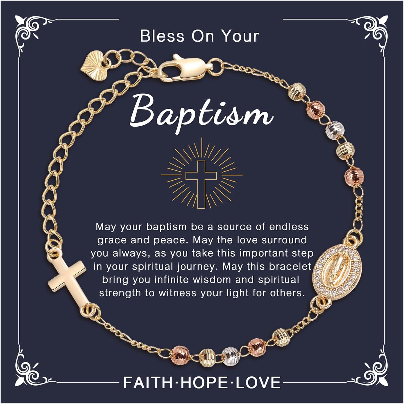 Christian Crucifix Gifts Rosary Bracelet for Women-14K Gold Plated Silver Virgin Mary Cross Charm Link Chain, Dainty Heart Virgen de Guadalupe Religious Catholic Gift for Confirmation Baptism First Communion