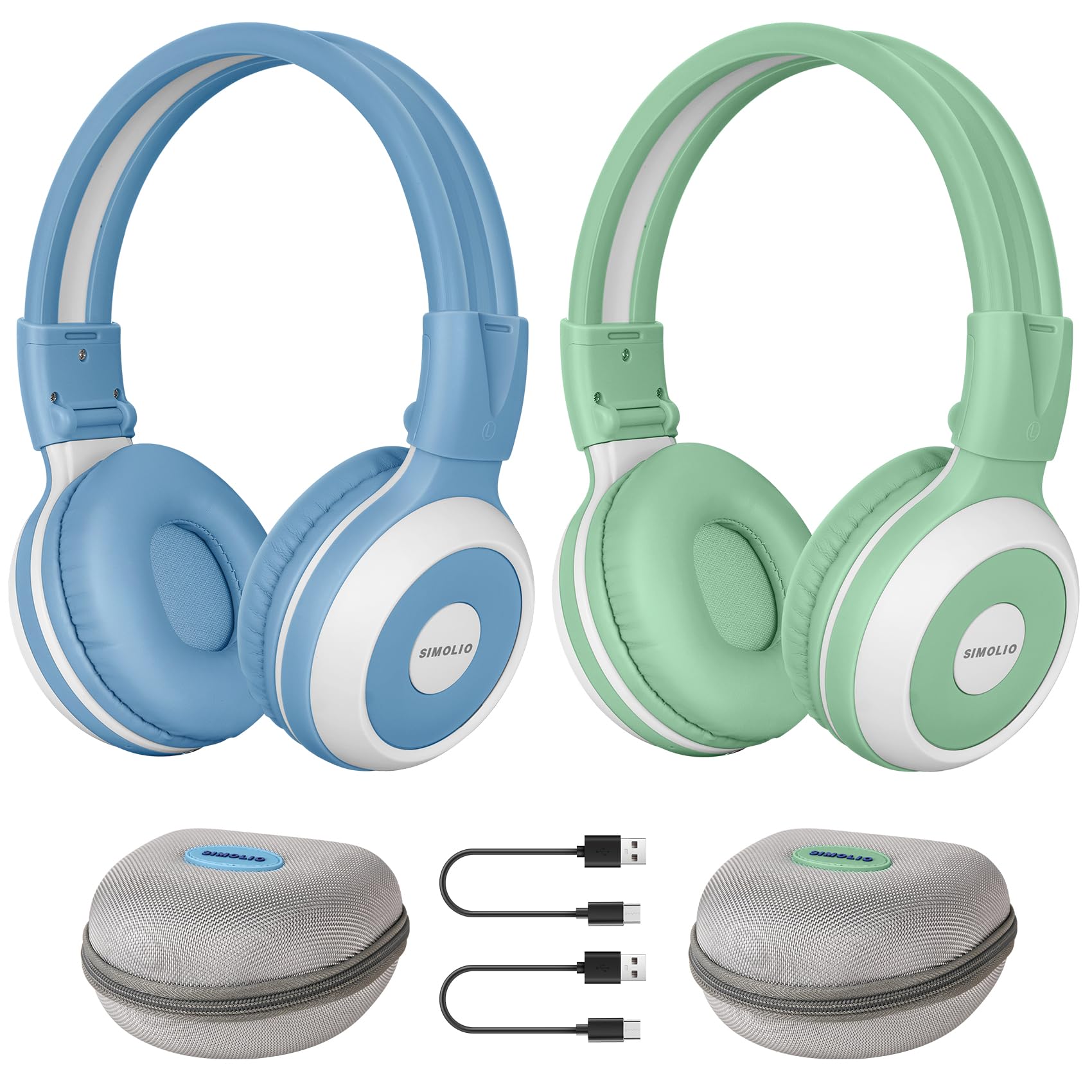 SIMOLIO Confezione da 2 cuffie Bluetooth per bambini per l'ascolto di gruppo, compatibili con qualsiasi dispositivo Bluetooth singolo per viaggi scolastici in famiglia, film e musica, microfono