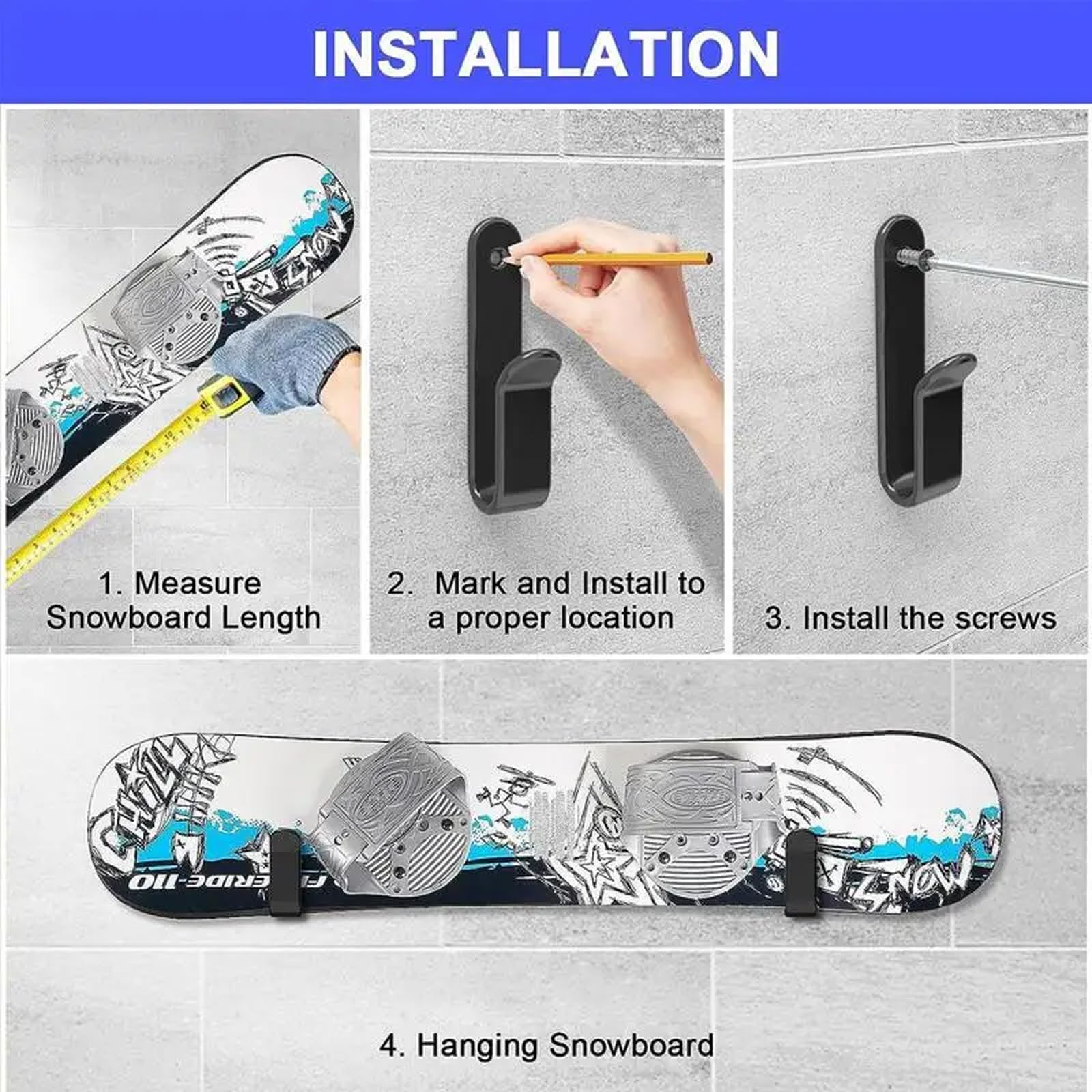Porta Snowboard Parete, Porta Sci da Muro Snowboard Accessori Gancio Muro, Accessori Sci Supporto a Parete Gancio per Tavole, Longboard, Wakeboard, Pattini Rotelle, Casa e Garage