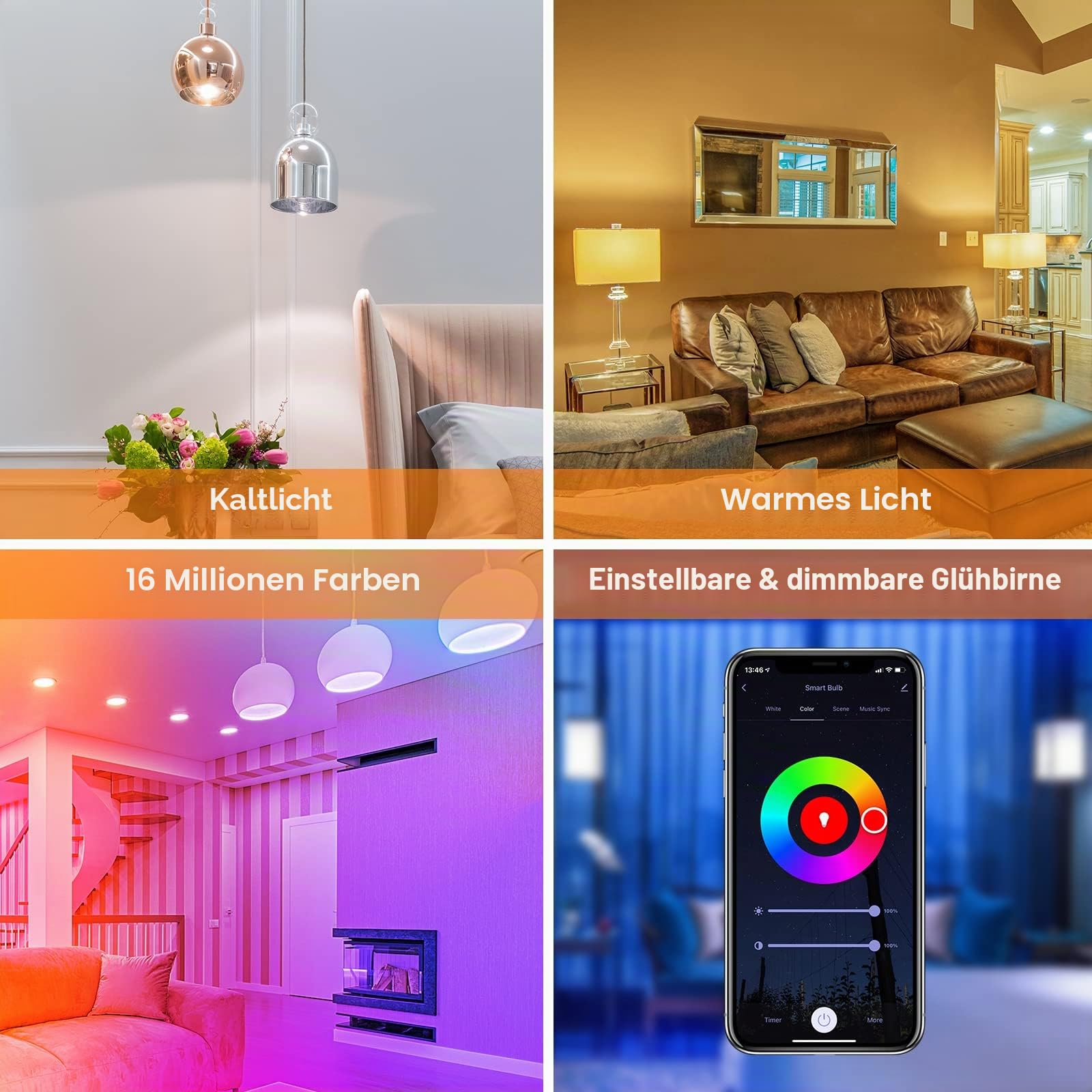 ANTELA Alexa Glühbirne G45 E14 4.5W LED Smart WLAN RGBCW, 8 Stück | Smart Life APP Steuerung, Sprachsteuerung, Kaltweiß & Warmweiß, Kompatibel mit Alexa und Google Home