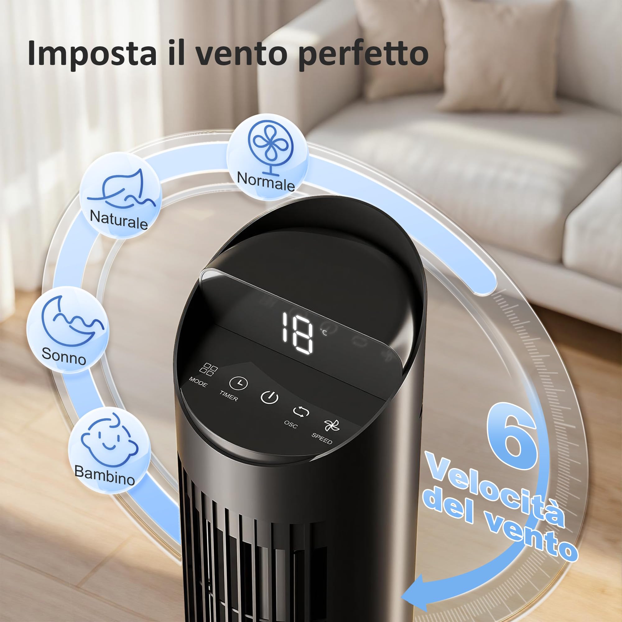 HOMCOM Ventilatore a Torre 116 cm con App WIFI e Telecomando, Ventilatore a Colonna Silenziosa con 6 Velocità, 4 Modalità, Oscillazione 65°, Timer 12H, Schermo LED, 45W, per Camera da Letto, Nero