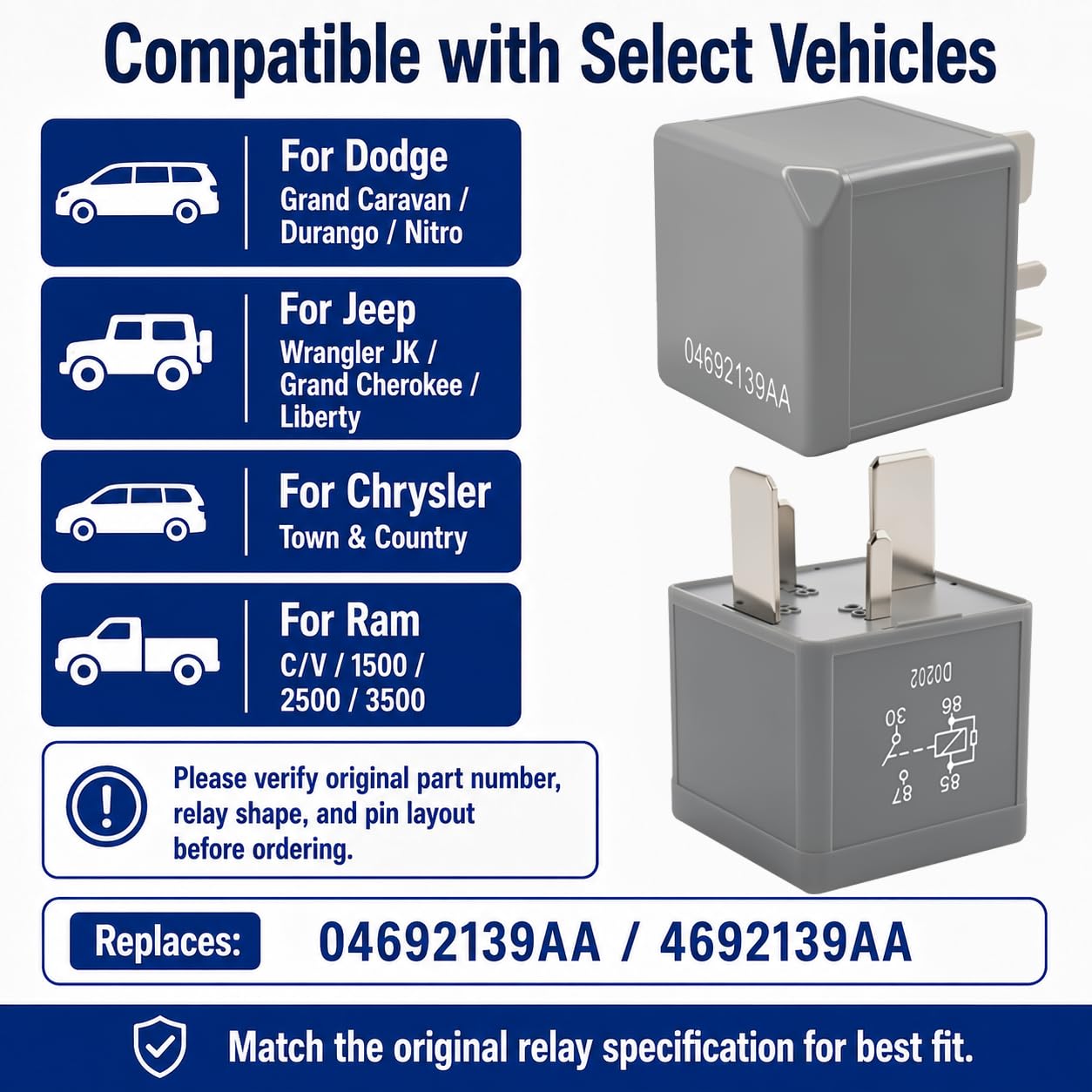 2Pcs 04692139AA Electrical Mini Relay - Compatible with Dodge Grand Caravan Durango Nitro, Jeep Wrangler JK Grand Cherokee Liberty, Chrysler Town & Country, Ram 1500/2500/3500