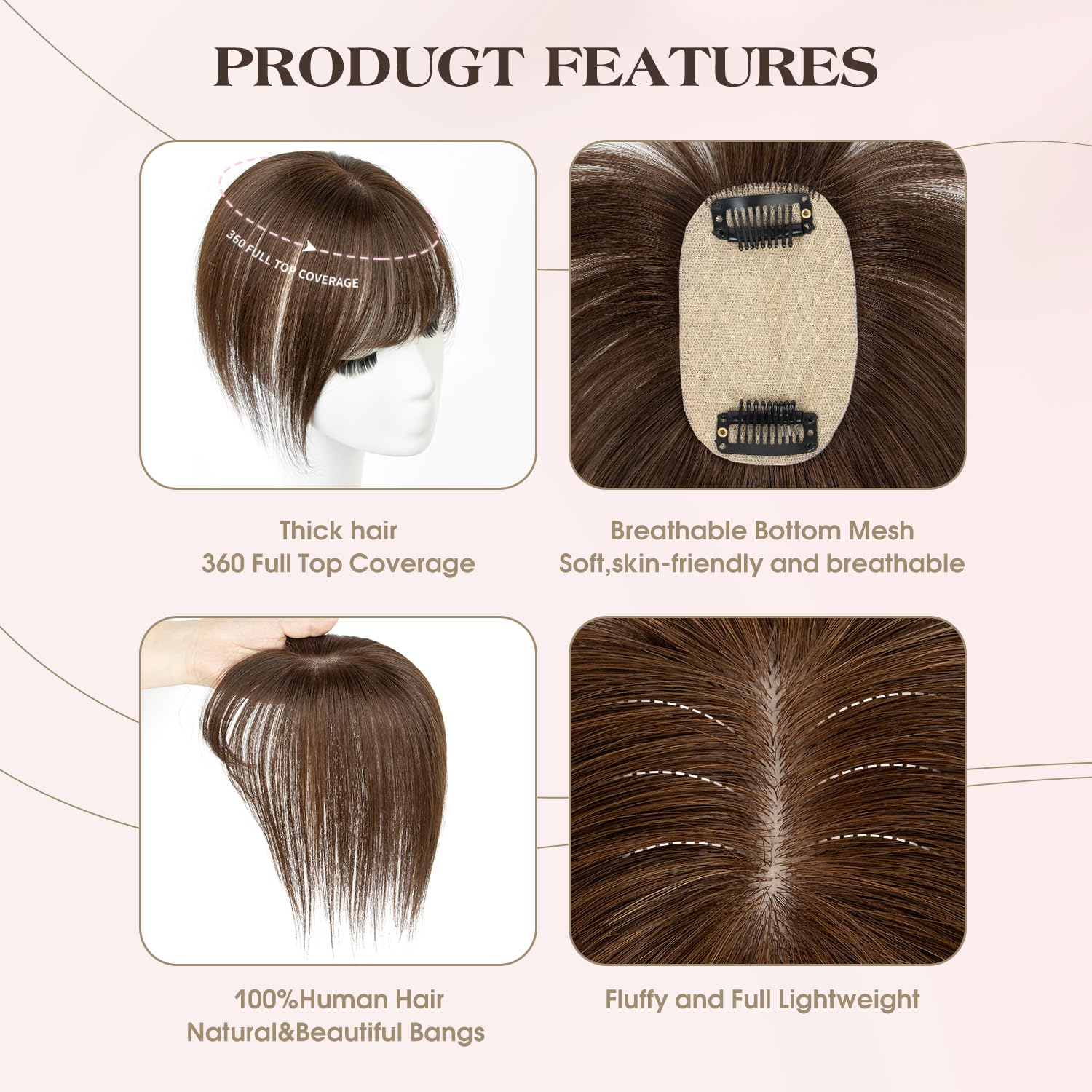 hair toppers for women real human hair with bangs10 inch dark brown 360°3d cover human hair toppers for women with thinning hair clip in bangs(2# 10inch) 10 inch 02# dark brown