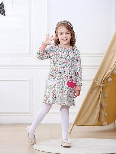 Hongshilian Little Girls Cotton Casual Dress Cartoon Appliques Fall Clothes Basic Jersey Long Sleeved Party Dresses(Floral&swans,7 Years)