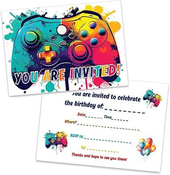 20pcs Video Gaming Birthday Party Invitations - Video Game Theme Party Invitations, Decorations, Favors for Kids Boys Girls Brother Son Nephew Gaming Party Decoration