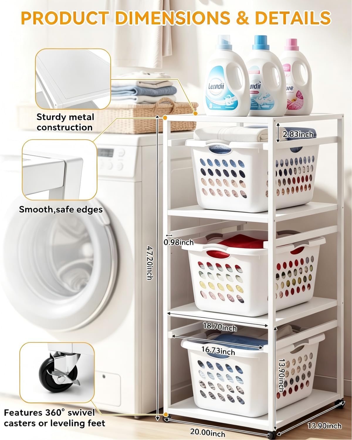 Laundry Basket Holder Shelf, 3-Tier Metal Laundry Basket Organizer with Wheels, Rolling Laundry Storage Rack for Bathroom, Bedroom & Laundry Room(White)