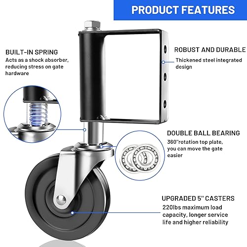 Miniatura 2 de Ruedas de puerta de 5 pulgadas, 2 ruedas de puerta, rueda de puerta negra con resorte, ruedas de puerta resistentes con tornillos, 220 libras para