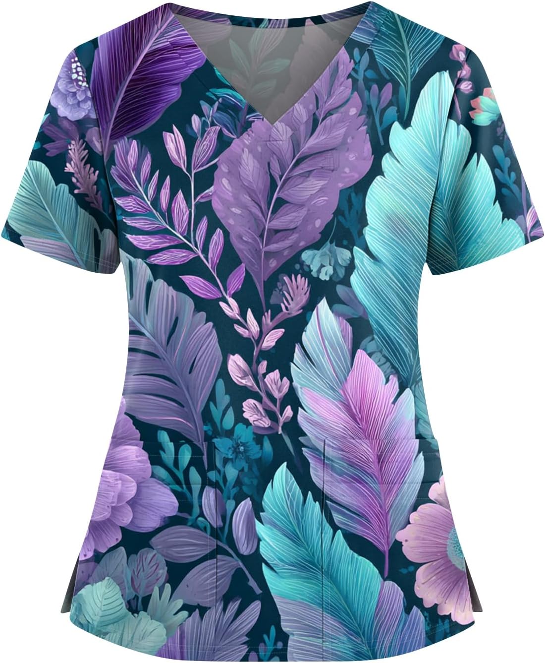 Womens Scrubs V-Neck Patchwork Printed Scrub Top Short Sleeve Nurse Shirts Plus Size Work Tops with Pockets
