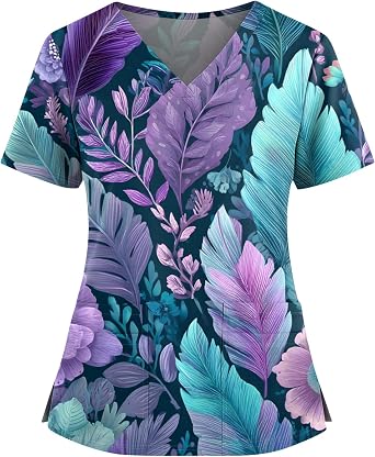 Womens Scrubs V-Neck Patchwork Printed Scrub Top Short Sleeve Nurse Shirts Plus Size Work Tops with Pockets