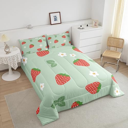 Miniatura 4 de Lindo edredón de fresas para niños y niñas, juego de edredón de hojas verdes, tamaño matrimonial, decoración del hogar, suave juego de ropa de cama