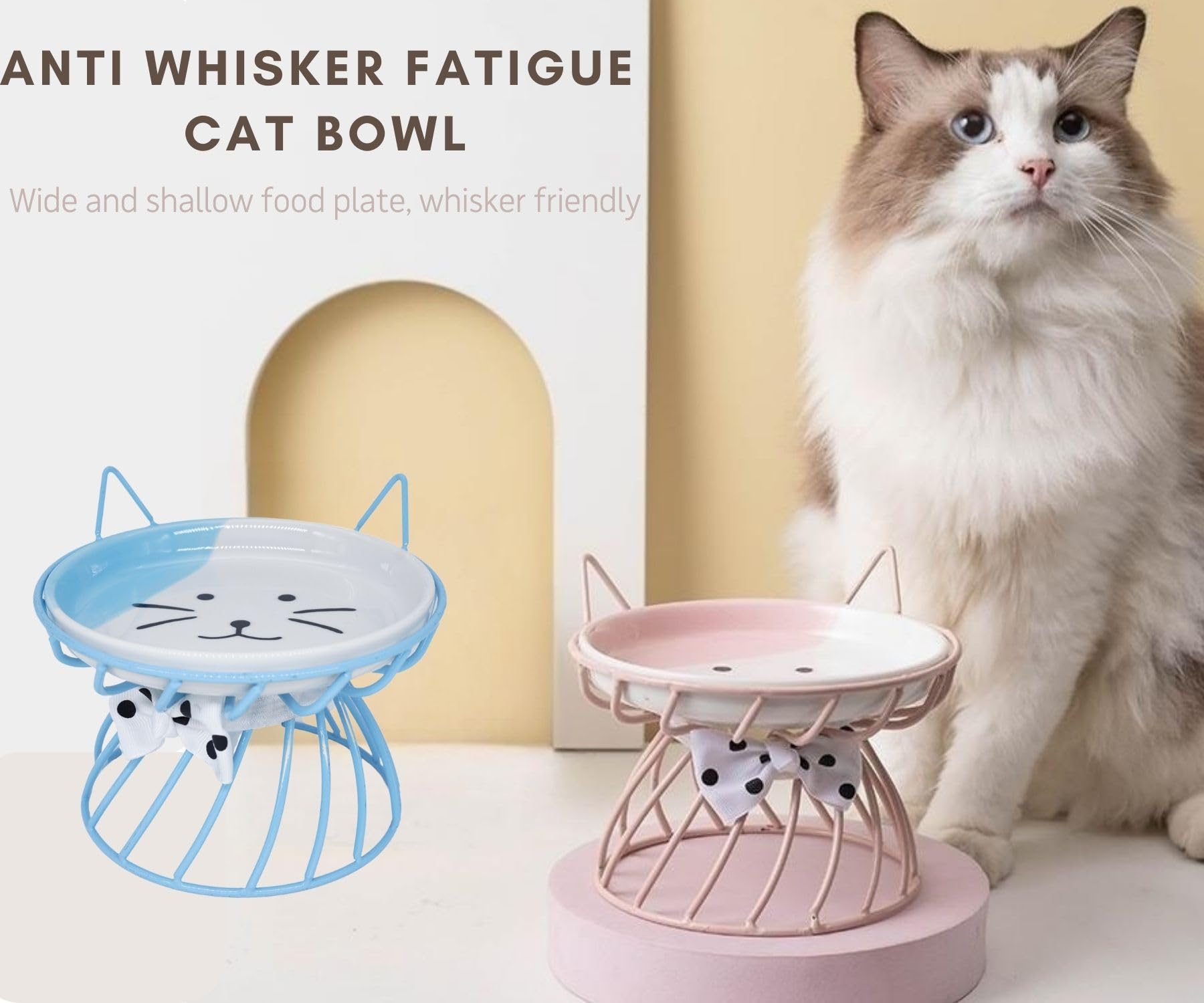 2 platos poco profundos de comida para gatos con alfombrilla antideslizante, cuenco elevado de comida para gatos con soporte de metal elevado, protege la columna vertebral del gato, cuenco