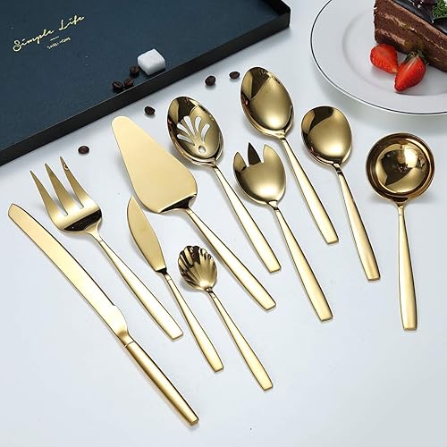 Miniatura 3 de Berglander Utensilios dorados para servir, 10 piezas, cucharas de servir de oro de titanio, incluye cuchillo para tartas, tenedores para servir,