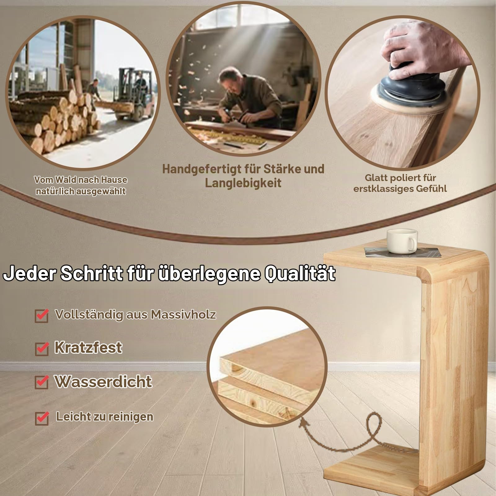 Beistelltisch Couch, Stabiler U/C-Tisch aus massiver Eiche, Oberfläche geschliffen und lackiert, flexibel neben Sofa oder Sessel nutzbar