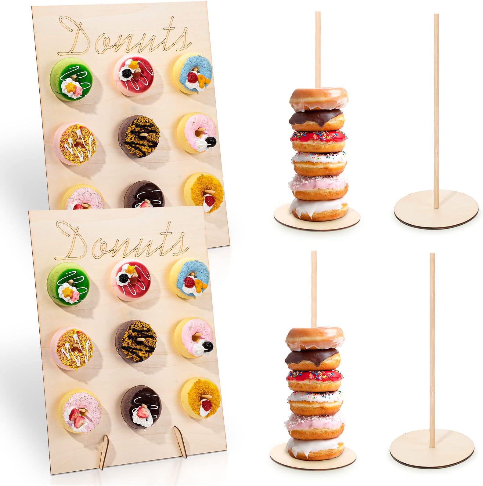 Yulejo 2 Pcs Donut Board Display Stand and 4 Pcs Donut Tower Stand Wooden Candy Dessert Table Wall Decorative Reusable Bagel Treat Holder for Baby Shower Wedding Birthday Party